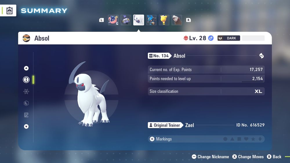 Pokémon Legends Z-A screenshot showing an extra large Alpha Absol