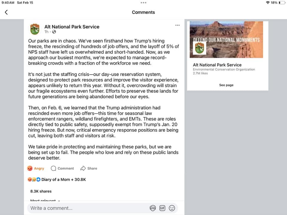 A screen capture of a social media post by Alt National Park Service