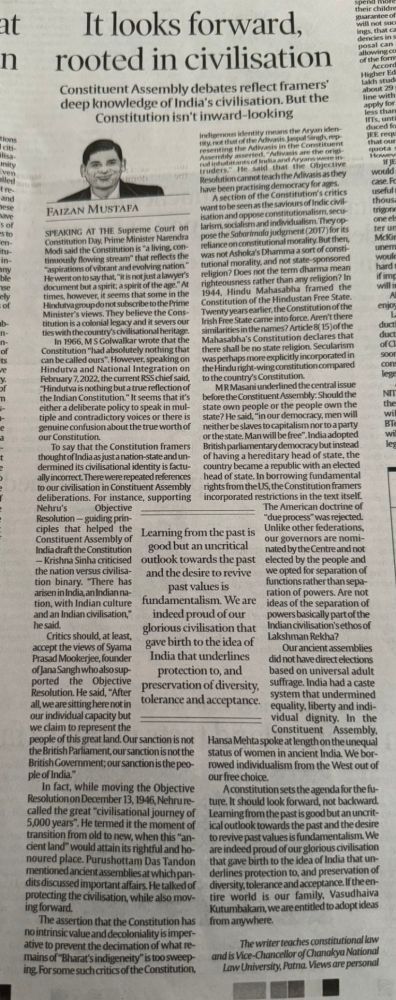 Companion piece to the aforementioned article, linked here:
https://indianexpress.com/article/opinion/columns/constitution-is-steeped-in-indias-civilisational-values-but-its-not-stuck-in-the-past-9696187/