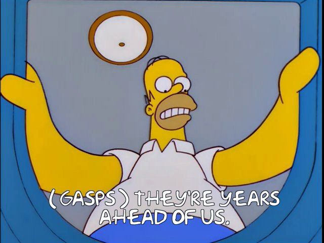 Homer Simpson peers into a Japanese toilet 