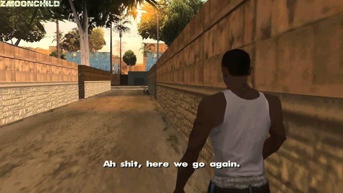 Screenshot from GTA. A man walks down the alleyway saying “ah shit, here we go again”
