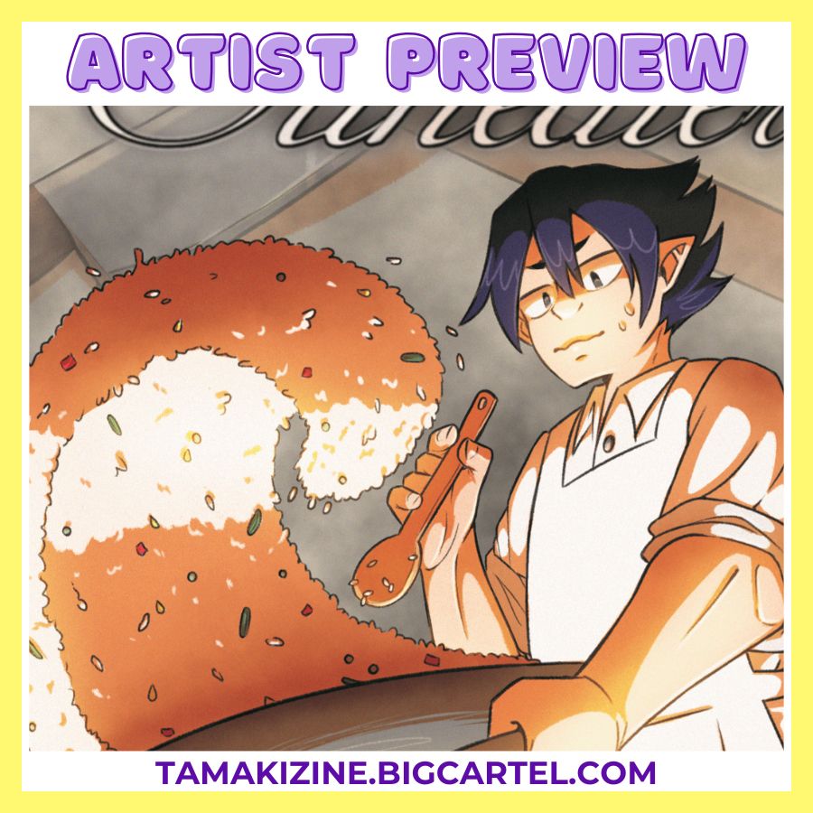 A Preview of a digital drawing of Tamaki in a restaurant kitchen, tossing fried rice in a pan with a focused expression on his face.