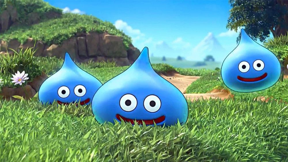 slimes from dragon quest approaching in a friendly manner