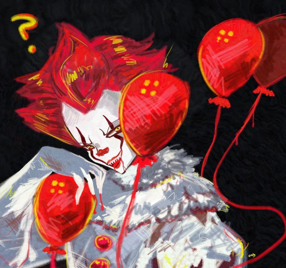 A digital manga drawing of Pennywise the Dancing Clown from Stephen King's "IT". He has literal white skin and red clown makeup, yellow eyes, and short red hair. His outfit is white with fluffy looking sleeves and red buttons down the front. He is sneering at the viewer with sharp teeth and holds a red balloon. Several more red balloons are behind him.