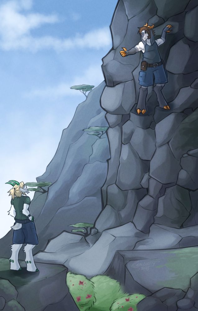 Two anthropomorphic goats in a scenic mountain view. The other goat is climbing the mountain wall while the other is on ground encouraging the other.