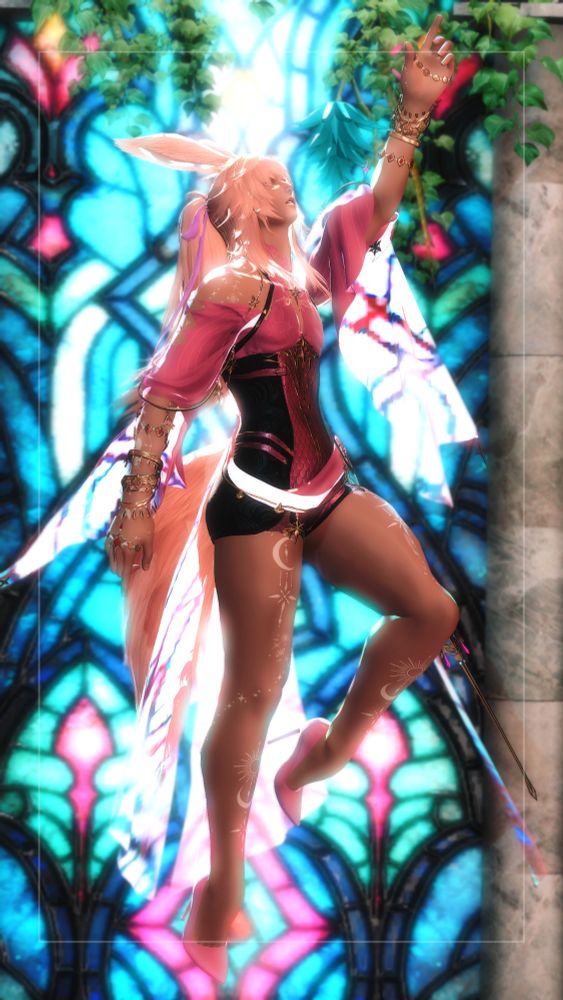 In a new, signature outfit of his. Lolanim's legs are exposed to show off his tattoos while floating in the air next to a brightly lit window. The fabric flows off his arms, shoulders, and off his waist to create an ethereal look. 