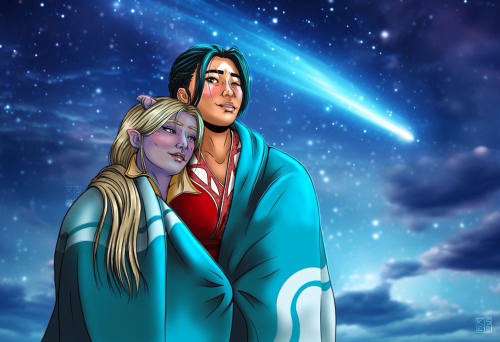 Illustration of Casmyn and Brynn sharing a blanket and finally getting that special date under the stars. Cas has her head on Brynn’s shoulder and they’re looking at each other smiling.