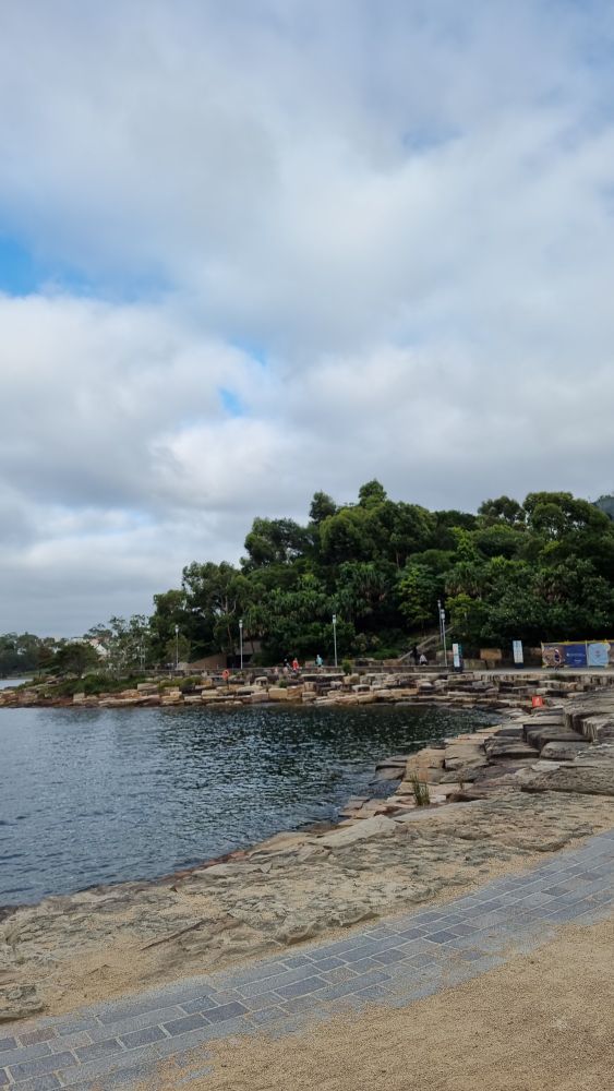 A sandstone bay at Sydney's Barangaroo Park: green ocean, golden sandstone, green trees, clouded sky. 
