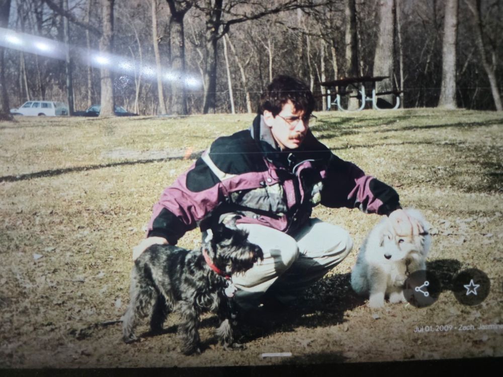 3 year old Gus, a black miniature schnauzer, and a similar size Great Pyrenees puppy, Mattie, with a young man.