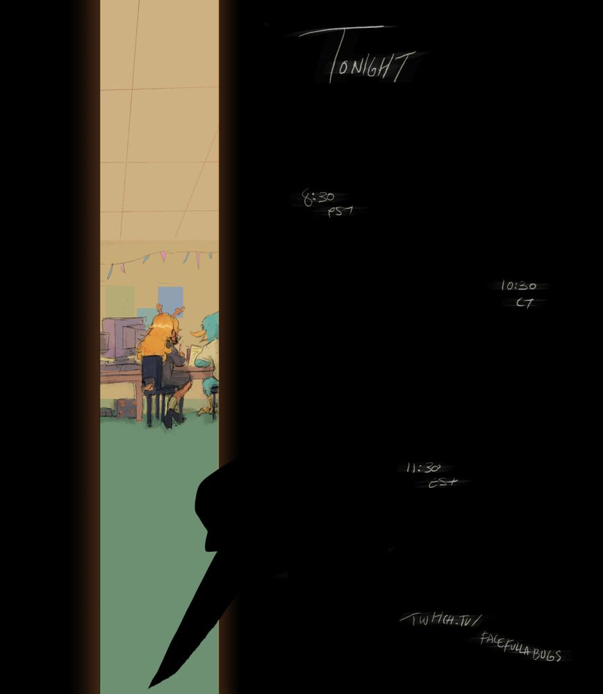 It's tonight's show poster (see post for times). In the librarby (sic) computer lab, we see through a pov in the closet. Impossibly far away for the tiny room, we see Noelle through a crack in the door, studying with Berdly. Berdly is turned to her as if saying something- we only see Noelle's back, and the red and white pencil she uses. The computer lab has something like holiday lighting in it, and several big monitors, warm greens and yellows.

The light bleeds into the closet, except for where a silhouette of a hand holds a knife. Watching Noelle's back. The text for date, times, etc is thin, uneven, like strange breathing. 