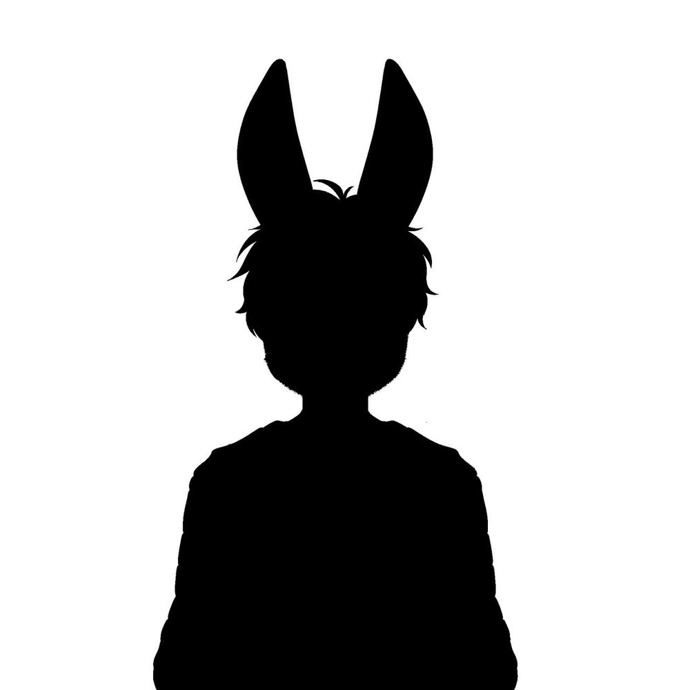 A black silhouette of a person on a white background. Their torso and head are visible, arms seem to be hanging in a resting position. The outline of the head shows off aoke loose strands of short hair. On top of their head protrudes the shape of a set of rabbit ears, contrasting the rest of the human design