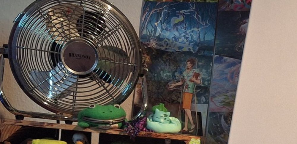 A cropped area of the photo of the original post, in it a Goldbullet standee and an electric fan