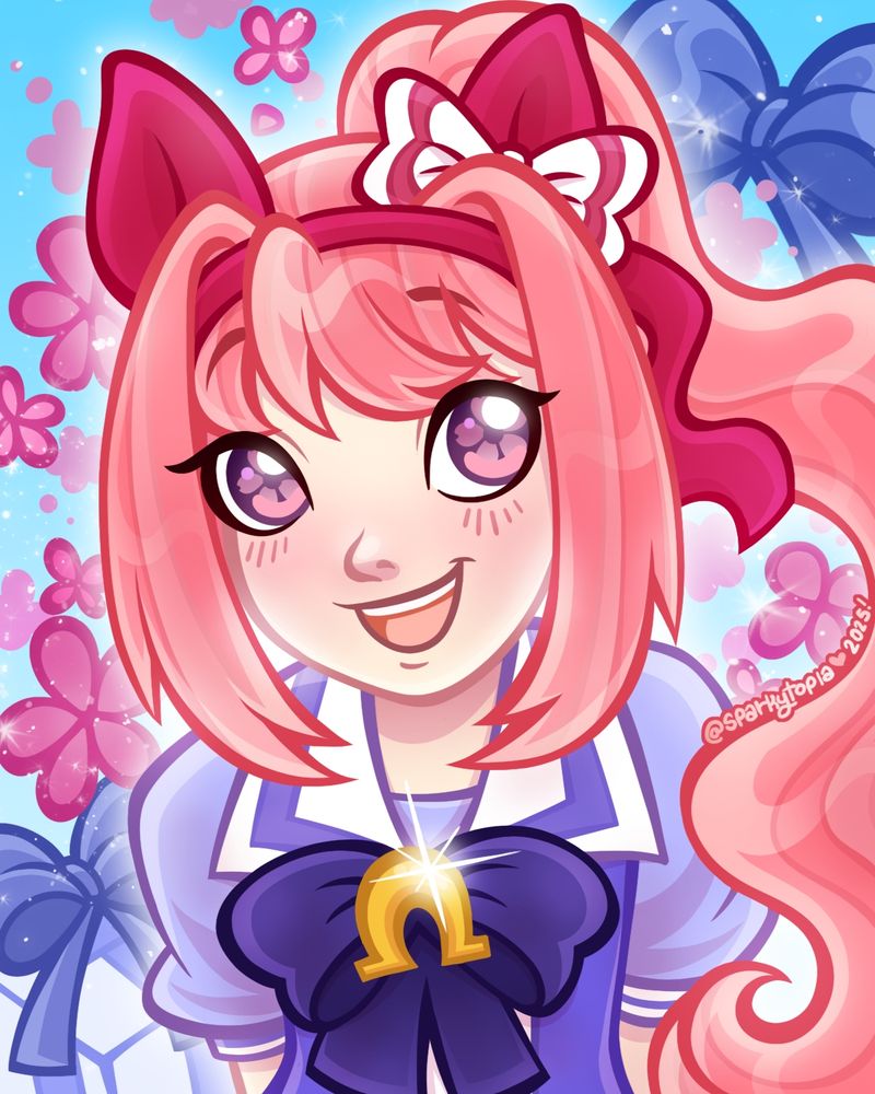 A digital illustration of Haru Urara, a character from the Uma Musume franchise. Haru is a young lady in her school's uniform, her pink hair up in a ponytail, wearing a red headband and magenta ear covers over her horse ears. She's shown from the chest up, arms behind herself as she leans towards the camera to smile. Behind her are bows and stylized flowers. Text reads @sparkytopia 2025.