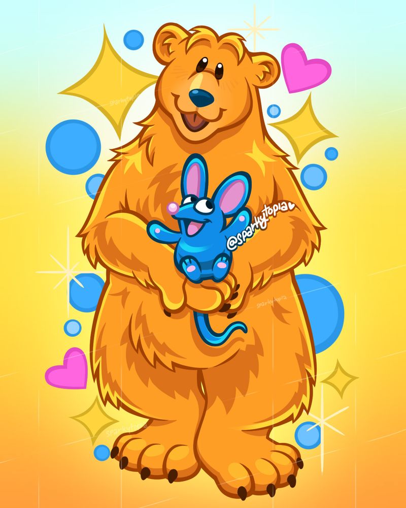 A simple drawing of Bear and Tutter from the TV show, Bear in the Big Blue House. Bear is holding Tutter, whose arms are spread wide as he smiles. Sparkles, hearts, and circles surround them. Signature reads @sparkytopia with a heart- Artwork was commissioned by a friend of the artist.