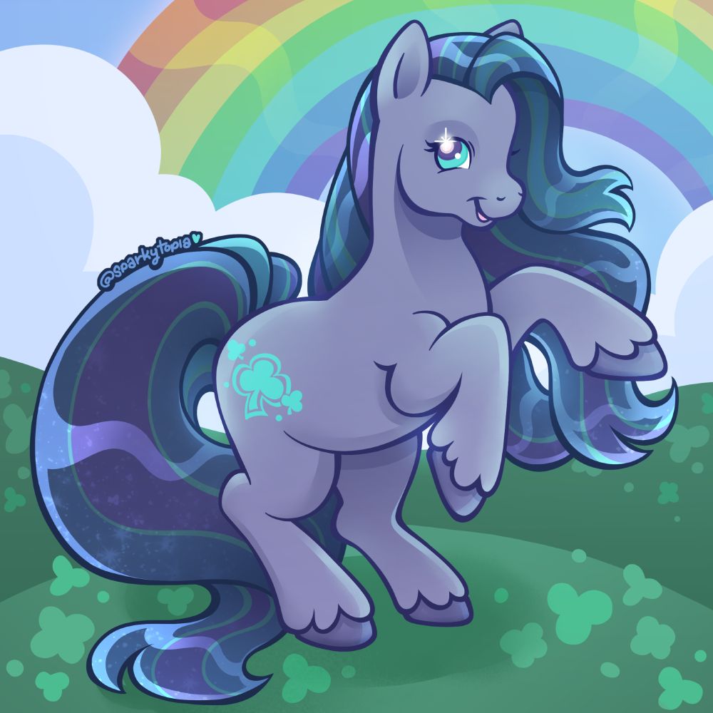 A digital illustration of Clever Clover, a blue earth pony from My Little Pony's second generation. He's rearing back on his hind legs, a twinkle in his eye. The background behind him is a stylized cloudy field of clovers, a rainbow arching through the sky. Text reads @sparkytopia with a heart.