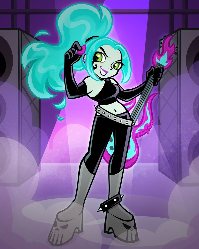 A digital illustration of Ember from Danny Phantom, standing on stage with speakers, spotlights, and theatrical smoke. She's holding her guitar in one hand and a pick in the other, grinning at the viewer. Text reads @sparkytopia with a heart.