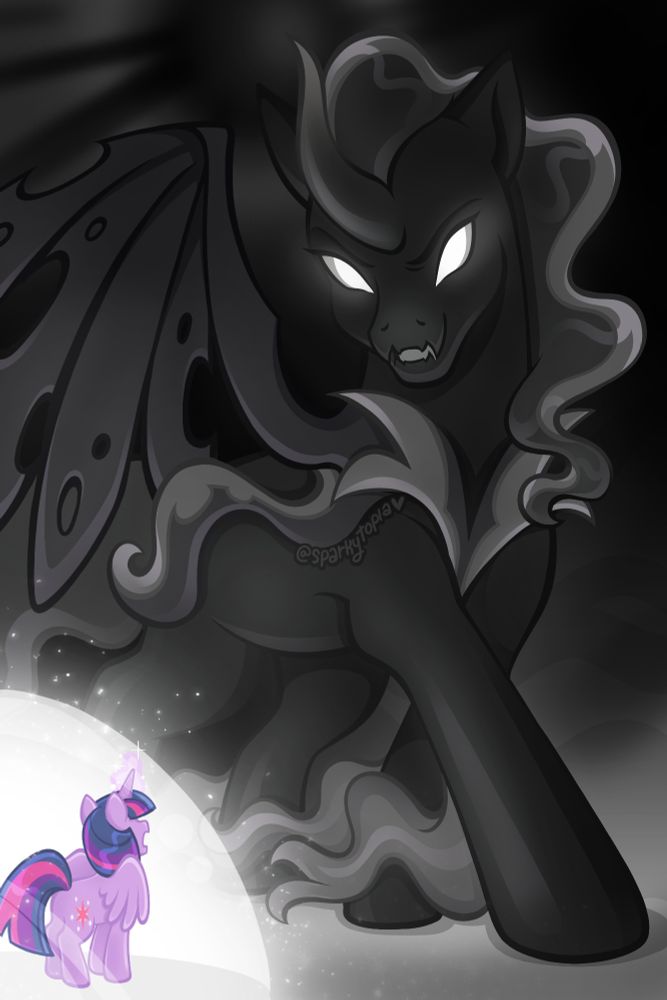 A digital illustration of the Pony of Shadows taunting Twilight Sparkle from the darkness. Twilight is encased in a magic, glowing bubble, mouth open as though she's trying to reason with him, as the Pony of Shadows stares and sneers evilly. Signature reads @sparkytopia with a heart, artwork was commissioned by Reversal-mushroom!