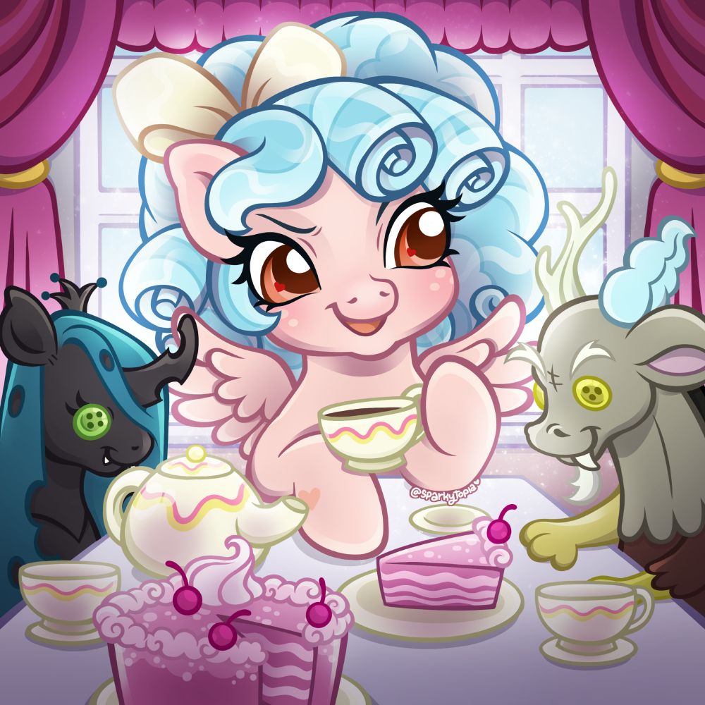 A digital illustration of Cozy Glow, a pegasus foal from My Little Pony: Friendship is Magic. She has a light pink coat, red eyes, blue hair styled in curls, and a yellow bow on the top of her head. She's holding a teacup and looking nefariously at her stuffed animals of Queen Chrysalis and Discord, who have teacups set in front of them. A teapot and large pink cake take up most of the space on the table. Text reads @sparkytopia with a heart, artwork was commissioned by reversal-mushroom.