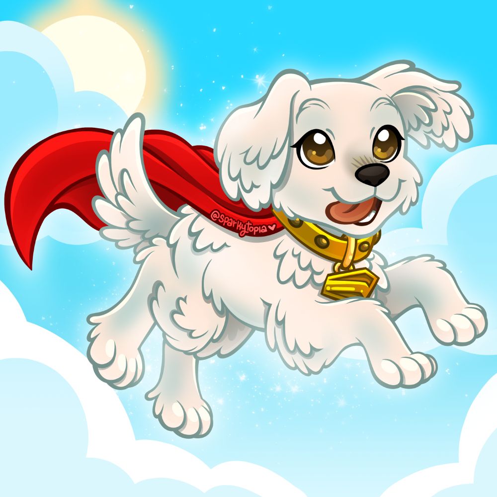 A digital illustration of Krypto the Superdog, flying happily through the sky with his tongue sticking out. He's a long-haired white dog with stylized, messy fur, wearing the collar and cape from Superman (2025.) Text reads @sparkytopia with a heart.