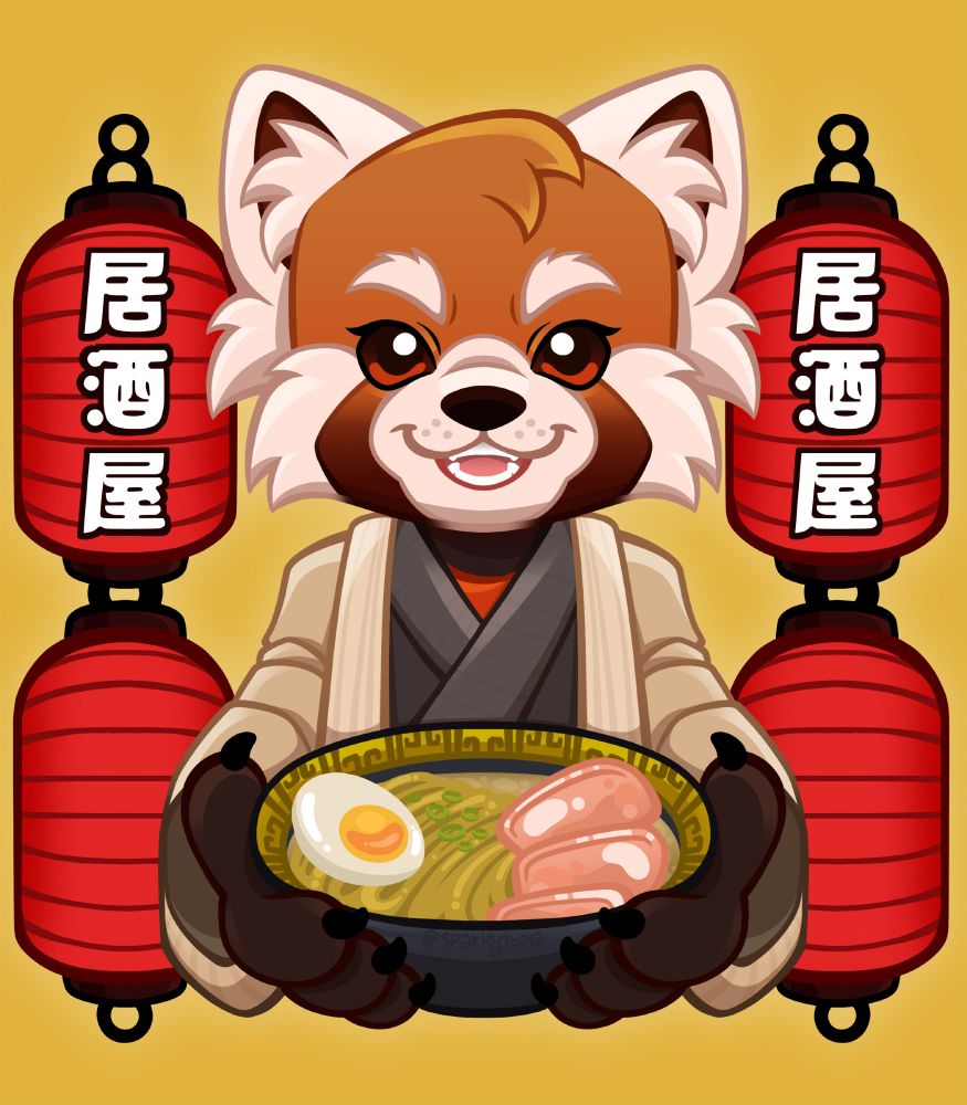 A digital illustration of an anthro red panda, wearing yukata and holding a bowl of ramen with pork and an egg in it. He's smiling happily. Lanterns on either side of him read "izakaya" in Japanese, text on the bowl reads @sparkytopia.