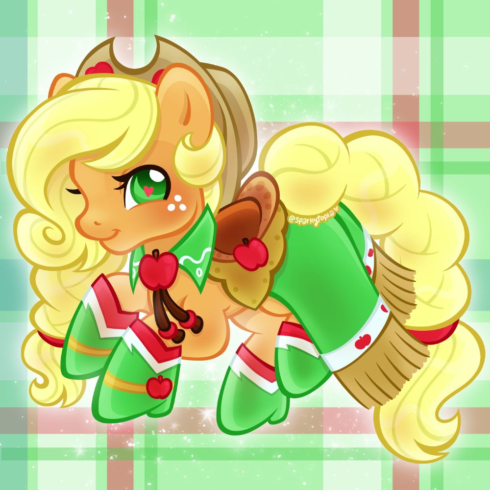 A chibi illustration of Applejack from My Little Pony: Friendship is Magic, wearing her outfit from the Grand Galloping Gala: A fancy hat, a shirt collar with apple-themed bolo tie, big cowboy boots, a saddle, and green train with fringe. Her mane and tail are braided elegantly. The background is a green plaid. Text reads @sparkytopia with a heart.