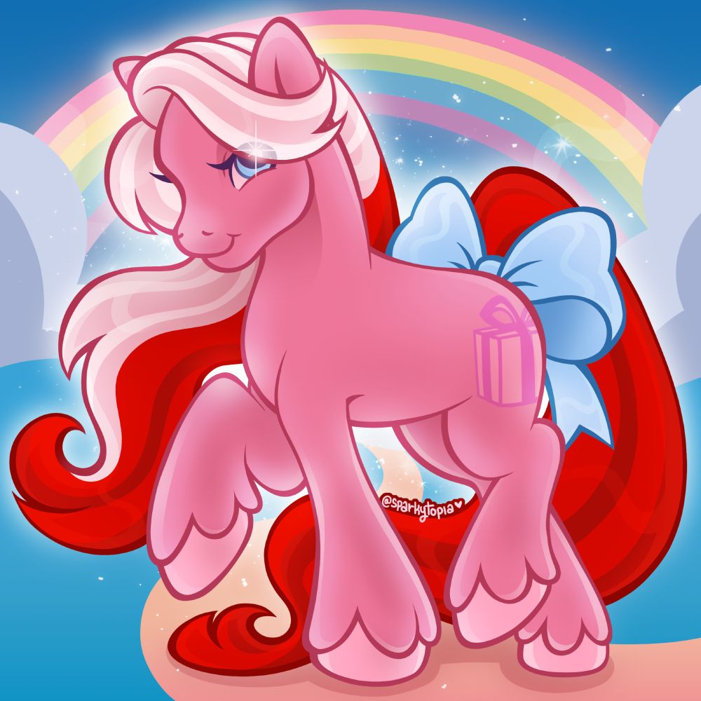 A digital illustration of Cupcake, a pink earth pony from My Little Pony's second generation. She has twinkly blue eyes, a pink body, pink hooves, and pink and red hair. She's smiling at the viewer, hooves slightly raised. The landscape behind her is predominantly blue, in reference to G2's toy packaging. There's a rainbow in the sky. Text reads @sparkytopia with a heart.