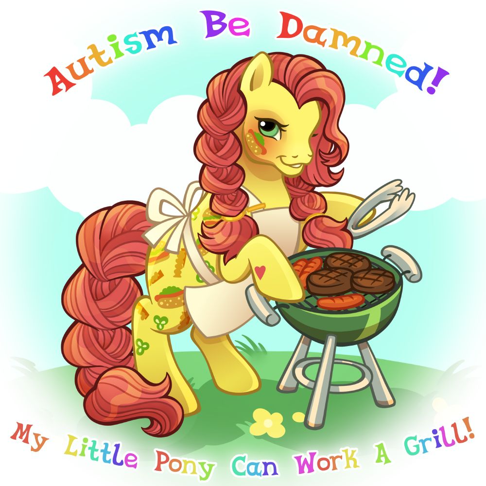 A digital illustration of Munchy, a pony from My Little Pony's first generation. Munchy is a Twice-as-Fancy pony, with a yellow coat, orange-red hair, and a cutie mark of hamburgers, hot dogs, french fries, and pickles that covers her whole torso. She's wearing an apron and leaning against a grill, tongs somehow held in one hoof as she looks at the viewer. Text on the image reads "Autism be damned, My Little Pony can work a grill," referencing a meme with similar text.