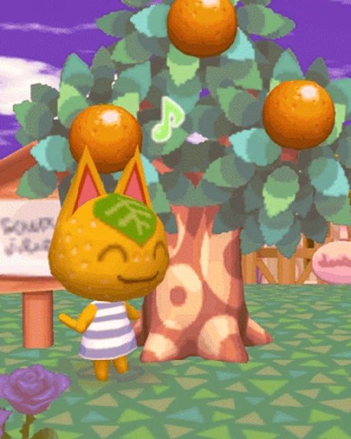 a cartoon character standing next to an orange tree