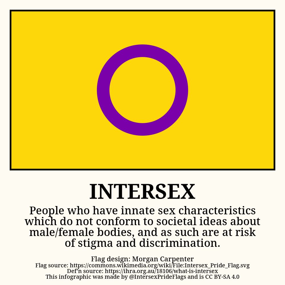A pride flag with a yellow background and a purple ring in the middle. Underneath is captioned: Intersex: People who have innate sex characteristics which do not conform to societal ideas about male/female bodies, and as such are at risk of stigma and discrimination (IHRA, 2013).