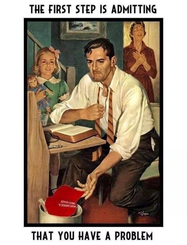 Broken man tosses MAGA hat in garbage can while wife and daughter look on him with hope and admiration. 