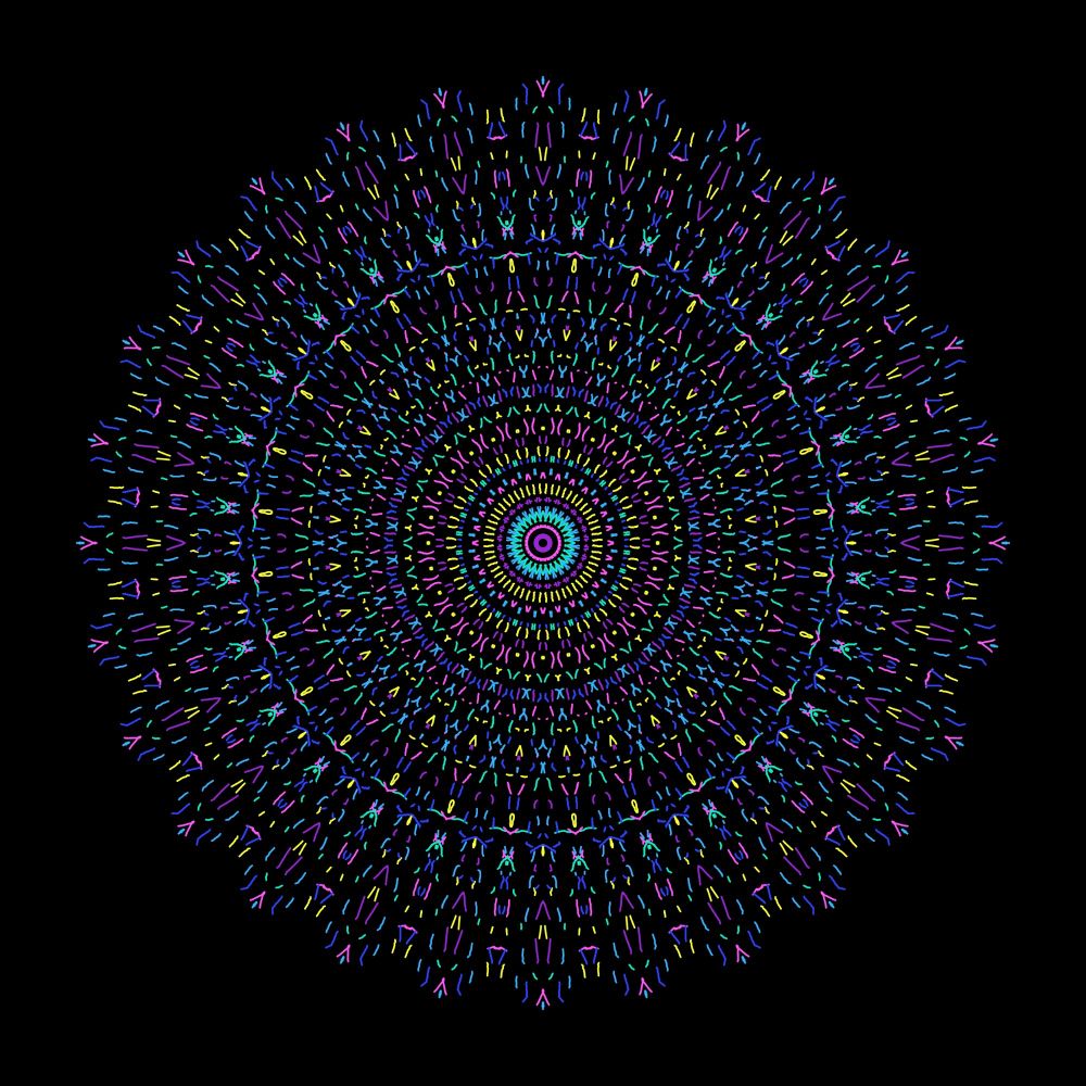 Mandala pattern made by using the Radial app, an intricate pattern made with high radial symmetry and lots of tiny lines of different colours including blue, purple, pink, yellow and turquoise.