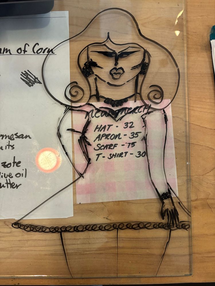 a sketch of a drag queen (or cunty individual) that i made on the counter at work in dry erase marker. she’s got a vintage feel