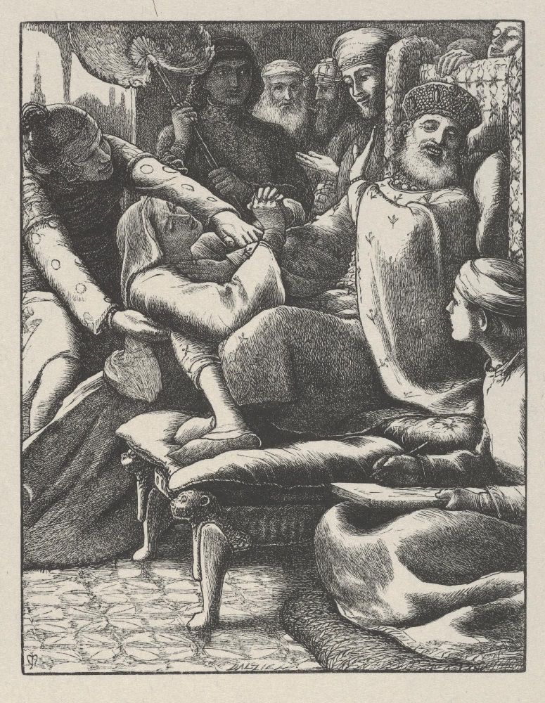 John Everett Millais, The Unjust Judge and the Importunate Widow. It has the unjust judge sitting n a throne-like chair rejecting the persistent widow who kneels in supplication before him. 