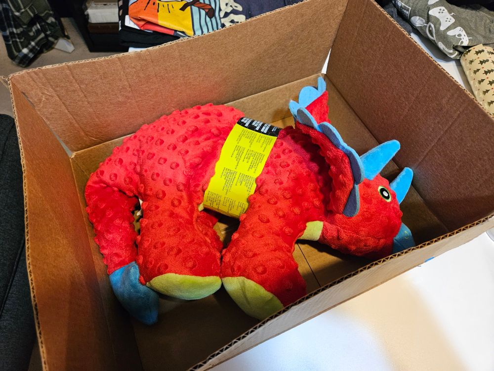 Image is of a bright red stuffed triceratops lying on its side in a cardboard box. This adorable dog toy will survive approximately 47 seconds once my 90 pound bully gets a hold of it but his joy will totally be worth it.