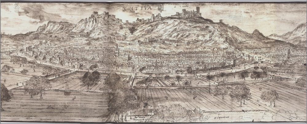 Xàtiva drawn by Anton van den Wijngaerde in 1563, today Vienna, Österreichische Nationalbibliothek, Cod. Min 41, fol. 70r
