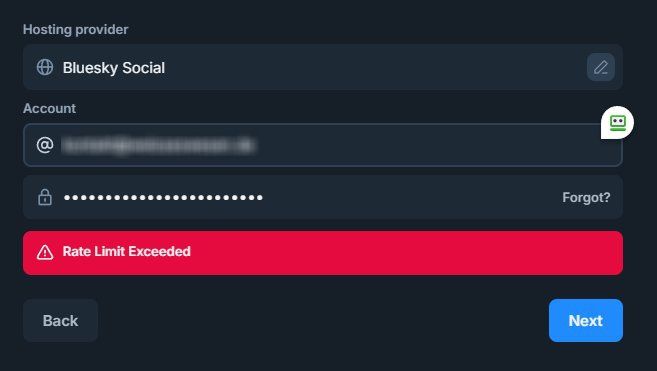 Blueskymeldung beim Login: Rate Limit Execeeded.