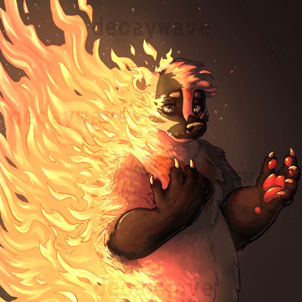 A waist up digital drawing of an American badger furry on a dark background with their back and right half engulfed in flames. They stare at their upturned paws with an exhausted expression. Sparks fly up from the fire. 