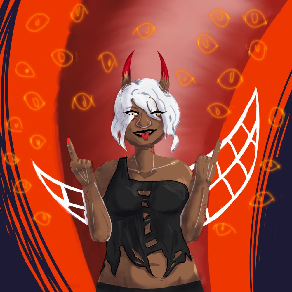 Dione flips off the viewer with a mischievous expression. In the background, her mech is teleporting in, smiling widely.