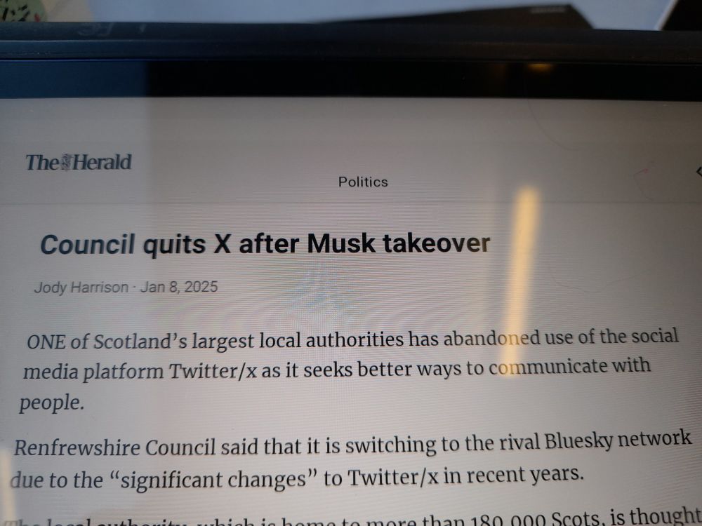 Newspaper headline - Council quits X after Musk takeover. Start of article about Renfrewshire Council abandoning Twitter. 