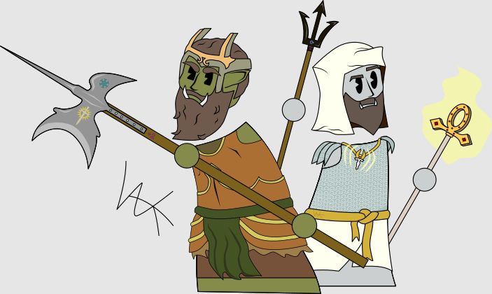 Two orc characters ready for battle. The orc Champion of Iomedae on the left is wielding a holy halberd, ready to strike. The orc Cleric of Sarenrae on the right is raising an Adamantine trident with one hand while grasping a Staff of Healing with the other.