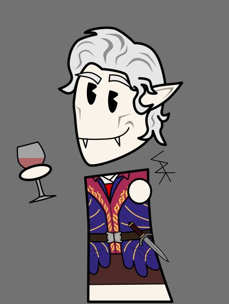 Astarion from Baldur's Gate 3 holding a wine glass and smirking