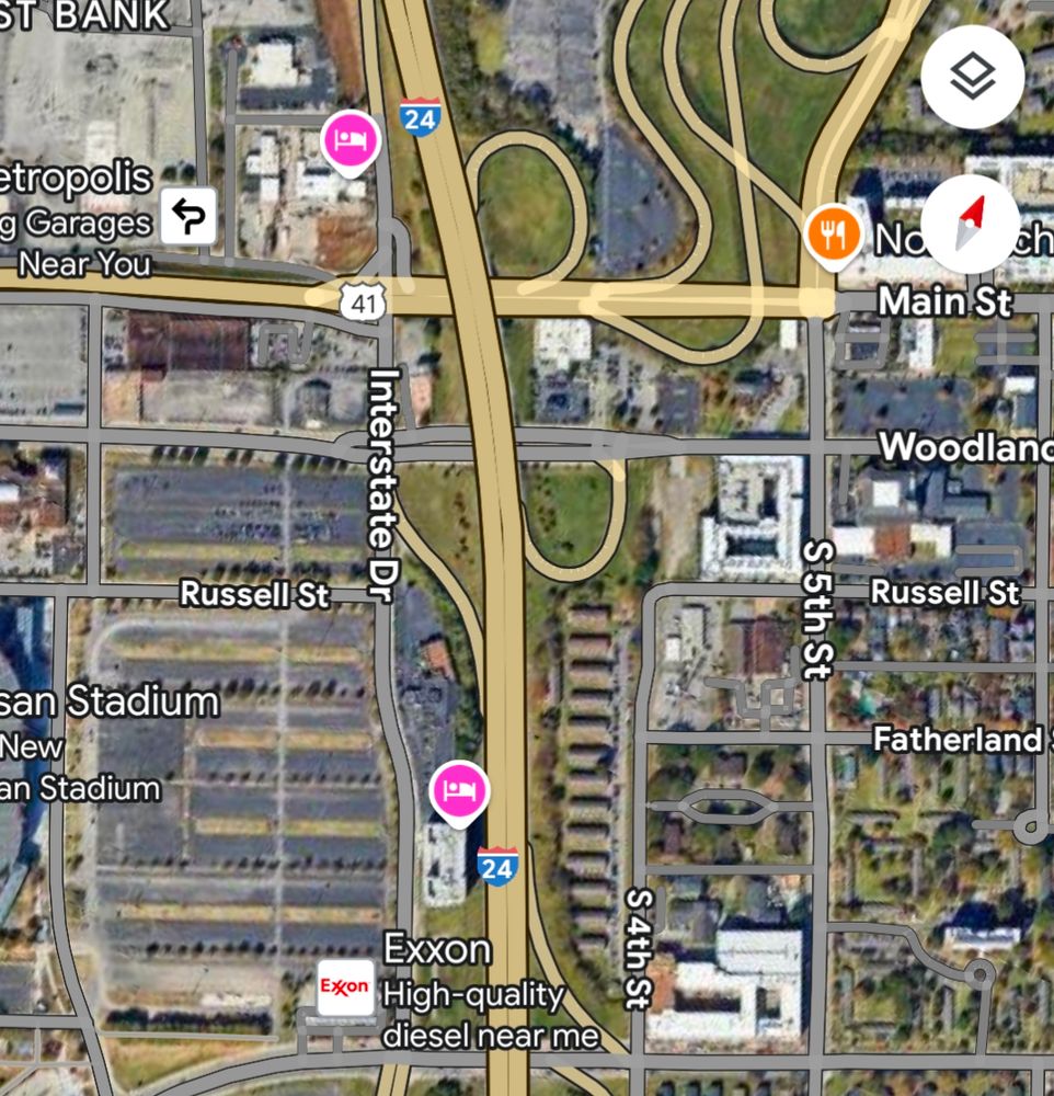 A satellite screen shot of current Nashville between Shelby and Main and 6th and 2nd St.