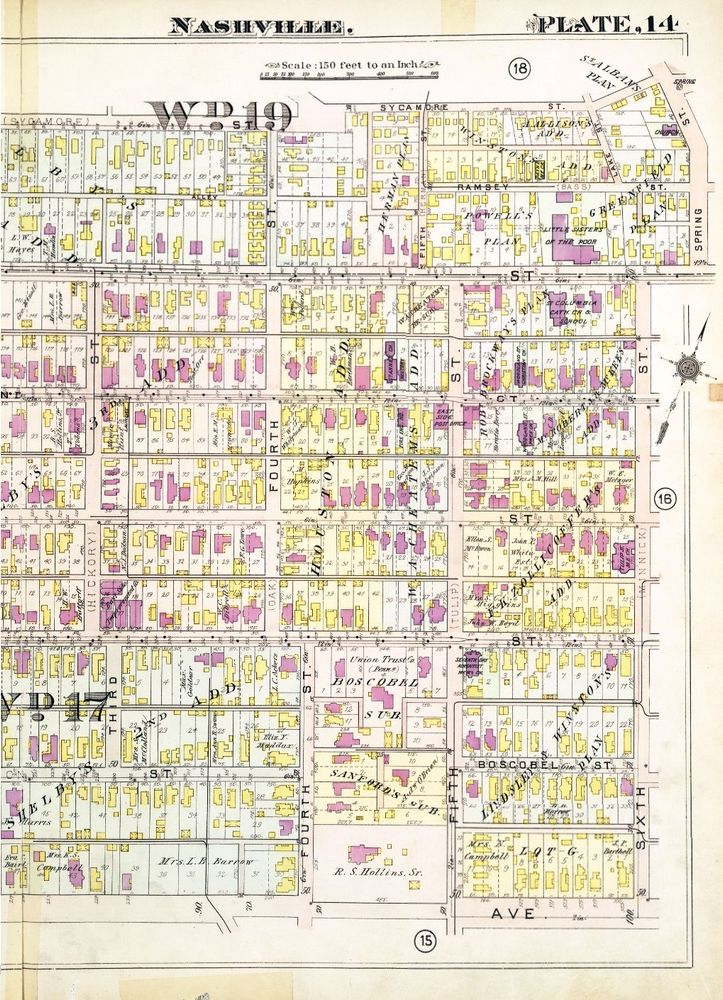 A 1908 Atlas of Nashville map between Shelby and Main and 2nd and 6th St