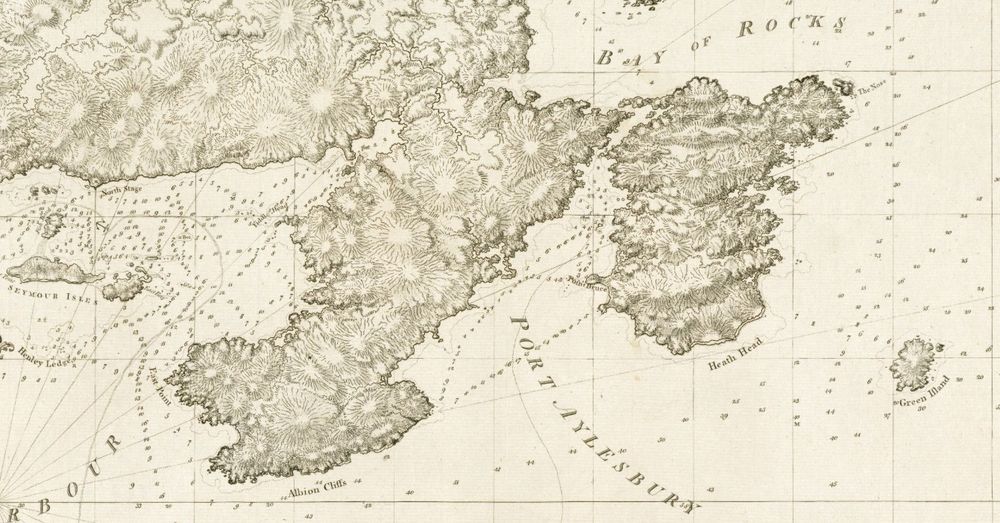 An 18th century nautical chart showing a low and rugged terrain, denoted by a plethora of hachure lines and squiggly shoreline.