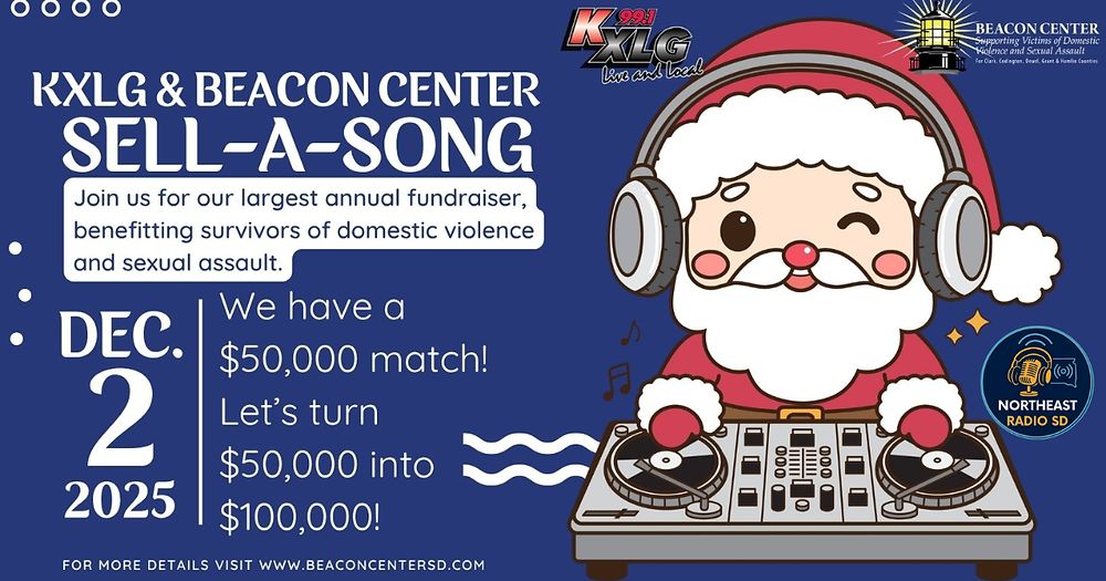 Santa DJ'ing with headphones and turntables promotes a fundraiser for domestic violence survivors. Text: "DEC 2, 2025, $50,000 match."