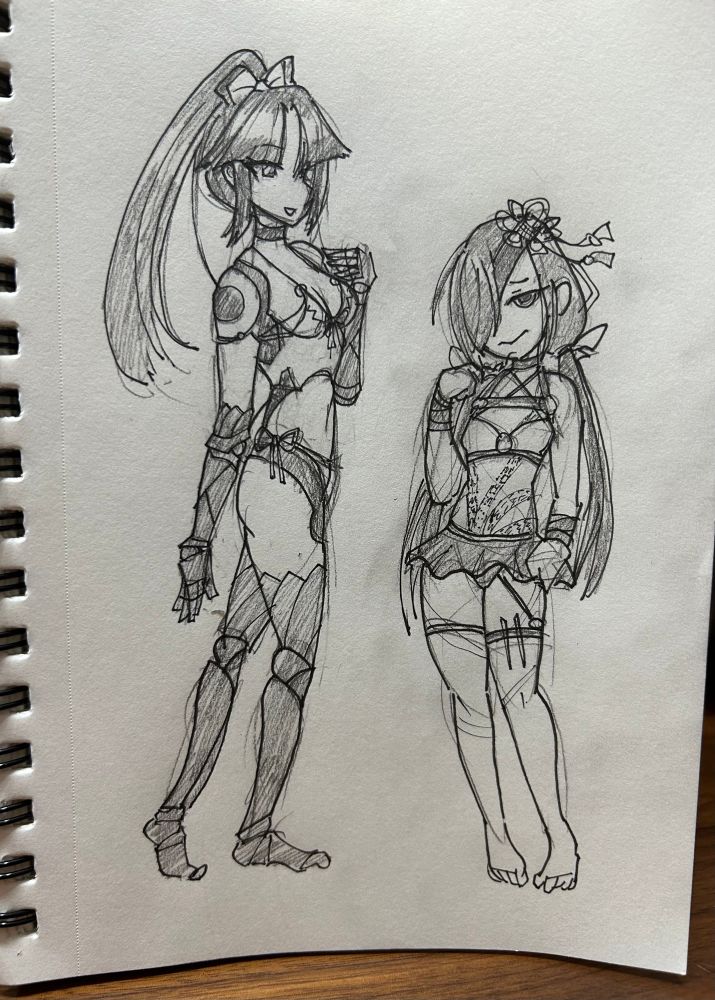 Pencil and marker drawing of Katou Danzo and Mochizuki Chiyome from FGO, dressed in swimsuits from the Midsummer Memories and Water Shine craft essences.