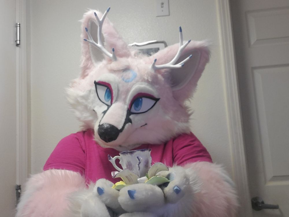 "Welcome new comers to Bluysky and your first #FursuitFriday here!

I'm Celeste, the Celestial Goddes or Love! 🌹💖
I made you some tea while you get comfortable.💖🌹🫖 ^w^"

#Furry #fursuit #fursuitfriday