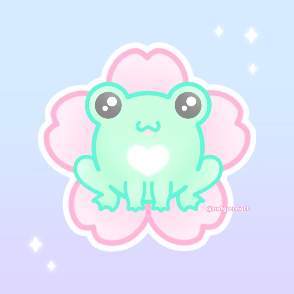 Digital illustration of a cute green frog with a white heart on its belly, sitting inside a pink sakura flower and sticking out its tongue