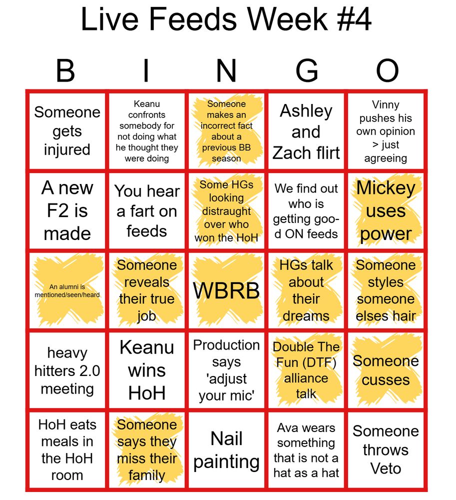 live feeds week #4 bingo card, bingo is stuck horizontally through the middle