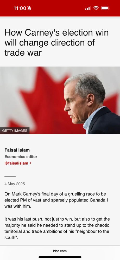 Screenshot of BBC article titled “How Carney’s election win will change direction of trade war”. The opening paragraph describes Canada as “vast and sparsely populated”